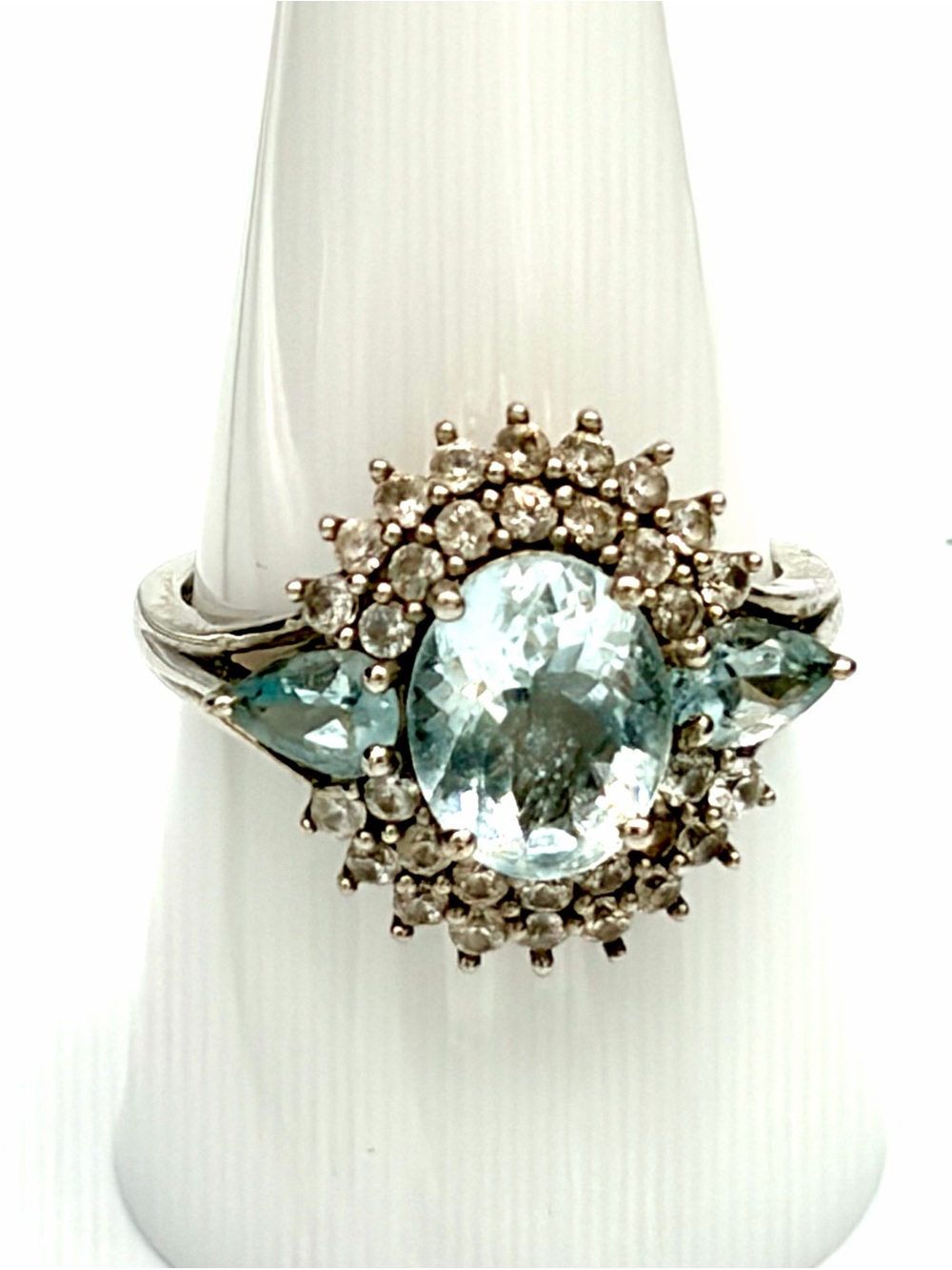 Aquamarine Halo Sterling Silver Statement Ring - Light Blue- D’Joy Size 8.75